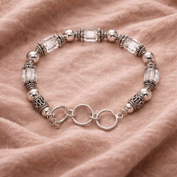 Silpada Swarovski Crystal Sterling Silver Bracelet Bali Bead Adjustable - Picture 2 of 4